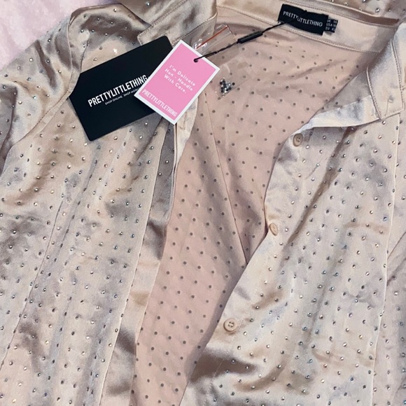 PrettyLittleThing x Jordyn Woods Blush Bling Oversized Shirt Dress, Size 10 - Picture 2 of 2